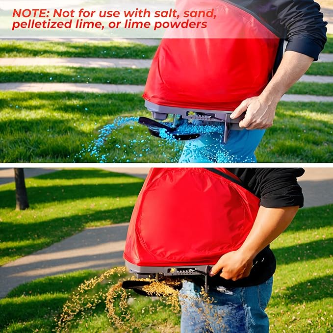 Walensee Handheld Seed Spreader with 25lb Bag, Frame Support, Flow Control, Enclosed Gears, Rear Baffle, Adjustable Strap & Goggles – Bag Seeder for Lawn and Garden, Red