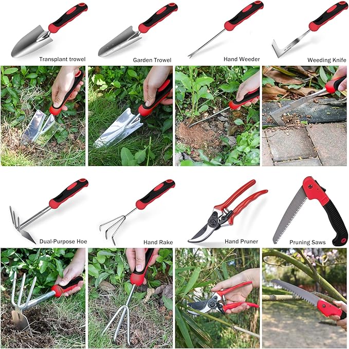 Red Gardening Tools, WisaKey 9 Piece Stainless Steel Heavy Duty Garden Tools, Red Gardening Hand Tools with Non-Slip Ergonomic Handle, Garden Tote Bag, Gardening kit, Gardening Gifts for Women and Men