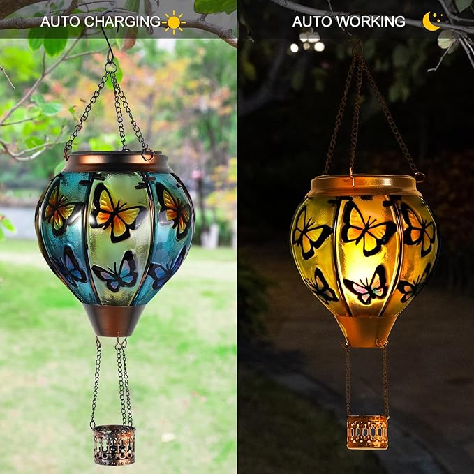 Butterfly Hot Air Balloon Solar Lantern, Solar Hot Air Balloon Flickering Flame Hanging Garden Light Candle LED Light Glass & Metal Waterproof Outdoor Lanterns Yard/Patio Decorative, Gift for Mom