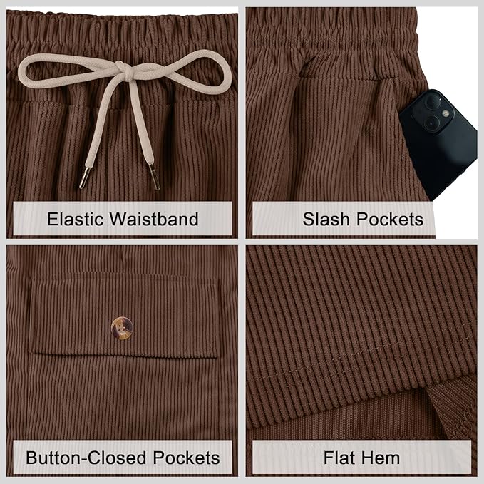 Mens Cargo Shorts Casual Drawstring Elastic Waist Corduroy Summer Beach Shorts with Pockets