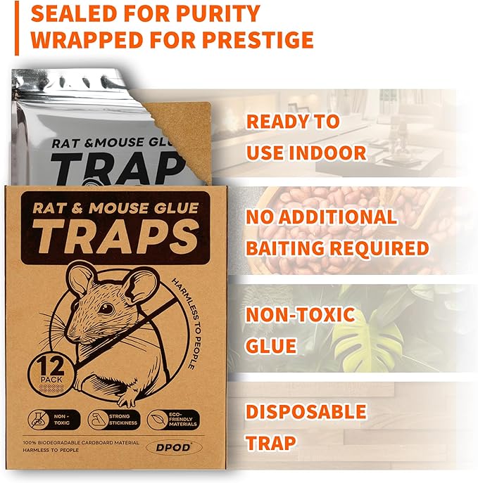 12 Pack Glue Mouse Traps Indoor for Home, Large Sticky Mouse Traps for Inside House, Pre-Baited Adhesive Non-Toxic Glue Traps for Mice Rats, Snakes, Lizard, Insect(13.5" x 8.5")