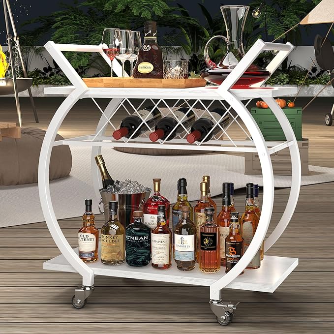 LVB White Bar Cart, Modern Rolling Serving Wine Cart with Storage, Industrial Wood Metal Kitchen Island Beverage Cart with Wheels, Microwave Drink Liquor Cart Table for Home Dining Living, White Oak
