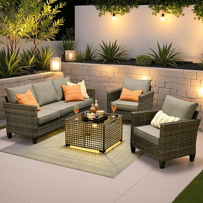 ovios 4 Pieces Patio Furniture Set Outdoor Sofa Couch with Solar Lights Table Comfy Cushions, Modern Deep Seat Wicker Rattan Conversation Set for Porch Deck, Dark Grey