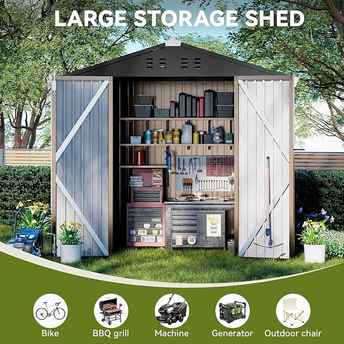 COMHOMA Shed Outdoor Storage Shed Metal,Lockable Doors Tool Sheds with Sloping Roof,Steel Garden Shed with Air Vent for Backyard,Patio,Lawn,Poolside (Brown, 6'*4')