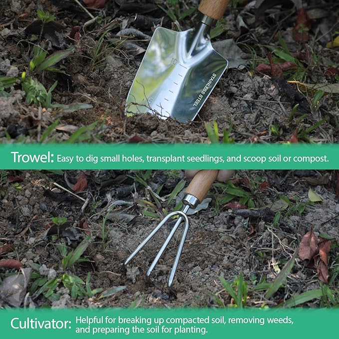 LeMotech Garden Tool Set, 2Pcs Gardening Hand Tools, Stainless Steel Trowel and Cultivator with Handle, Outdoor Gardening Kit for Women Men