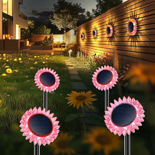 Hogni 4PK Solar Garden Lights, Ground Stake/Hang 2 in 1 Solar Sunflowers Outdoor Waterproof IP67, Outdoor Decor for Pathway Walkway Landscape Backyard Fence Decoration
