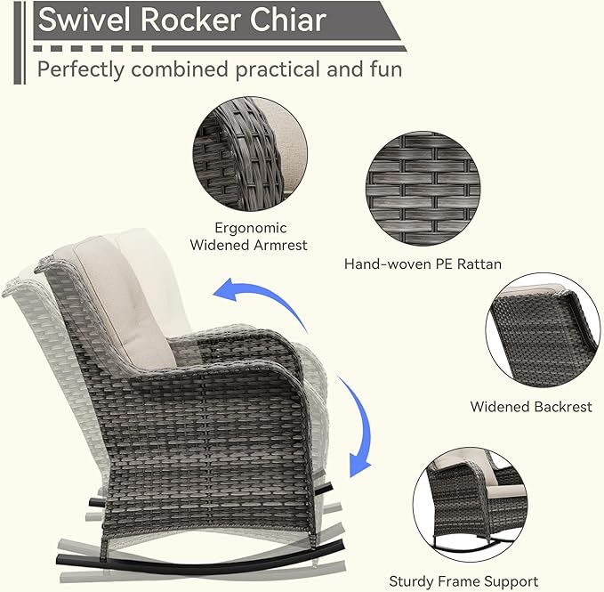 1 PC Outdoor Rocking Chair, Wicker Patio Rocker Chair for Yard, Porch, Mixed Brown Grey Rattan, Beige Cushions