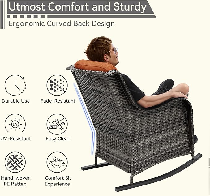 1 PC Outdoor Rocking Chair, Wicker Patio Rocker Chair for Yard, Porch, Mixed Brown Grey Rattan, Orange Cushions