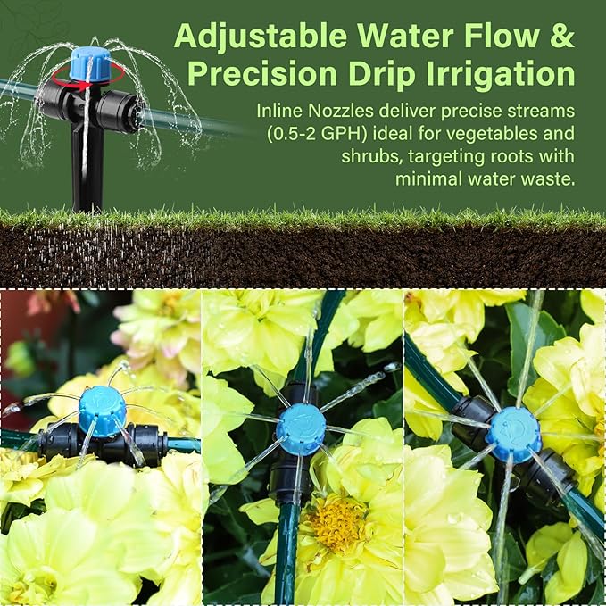 Bonviee 65FT Drip Irrigation System with Quick Connector- New Automatic Drip Irrigation Kits Garden Watering System for Raised Bed Garden Greenhouse with 1/4'' Tubing, Drip Emitters, Connectors