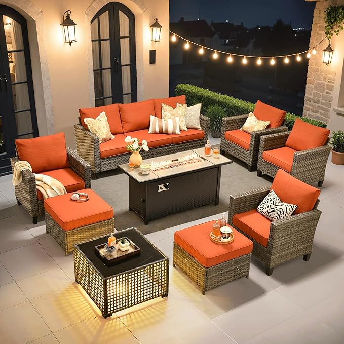 ovios 9 Pieces Patio Furniture Set with 54" Fire Pit Table, Outdoor Sofa Couch with Solar Lights Table Comfy Cushions, Modern Deep Seat Wicker Rattan Conversation Set, Orange Red