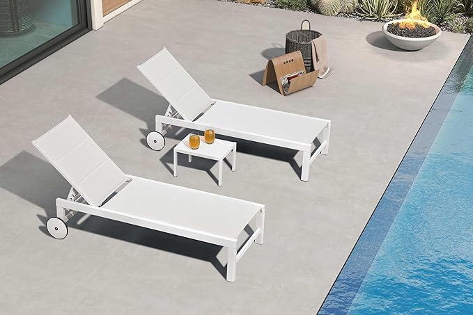 PURPLE LEAF Outdoor Chaise Lounge Set Staight Legs Adjustable Sunbathing Recliner with Side Table for Poolside Beach Outside Patio Aluminum Chaise Lounger Cream