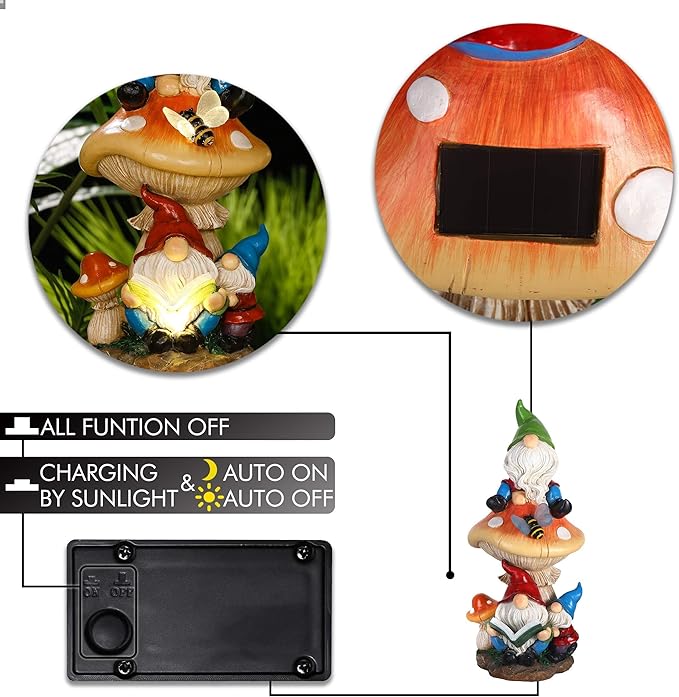 TERESA'S COLLECTIONS Garden Gnomes Statues Decorations for Yard with Solar Lights, Resin Sculptures& Statues on Mushroom Reading Garden Outdoor for Patio Lawn Ornaments,Ideal Gifts for Mom, 12.6"