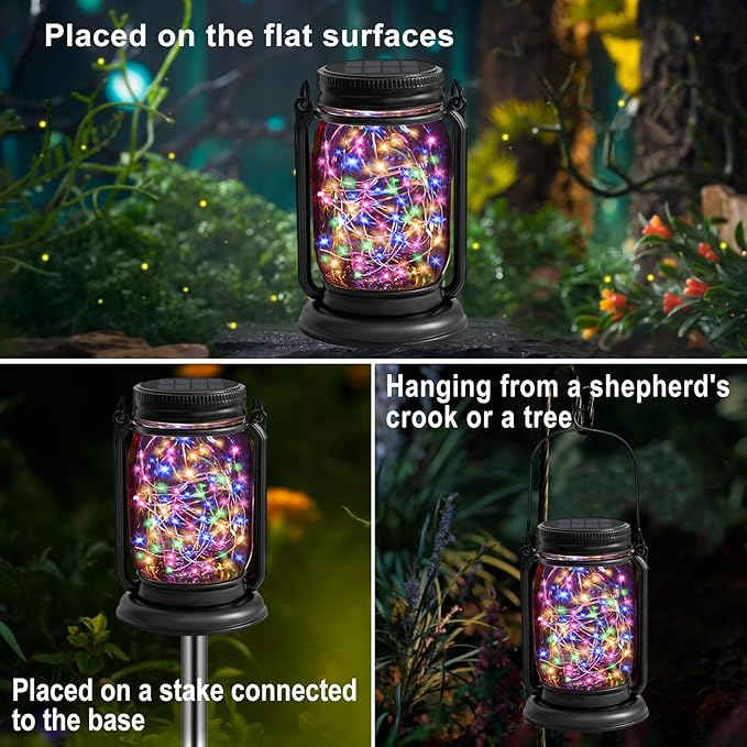4 Pack Hanging Solar Lantern Lights, 30LED Vintage Glass Mason Jar Solar Fairy Lights Outdoor Decorative Waterproof Table Lamp with Stakes for Patio Yard Lawn Tree