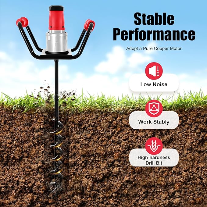 Post Hole Digger, 1500W Electric Post Hole Auger Earth Auger Digging Drill Digging Machine with 4" Digging Auger Bit and Extension Bar Set for Planting, Trenching in Garden