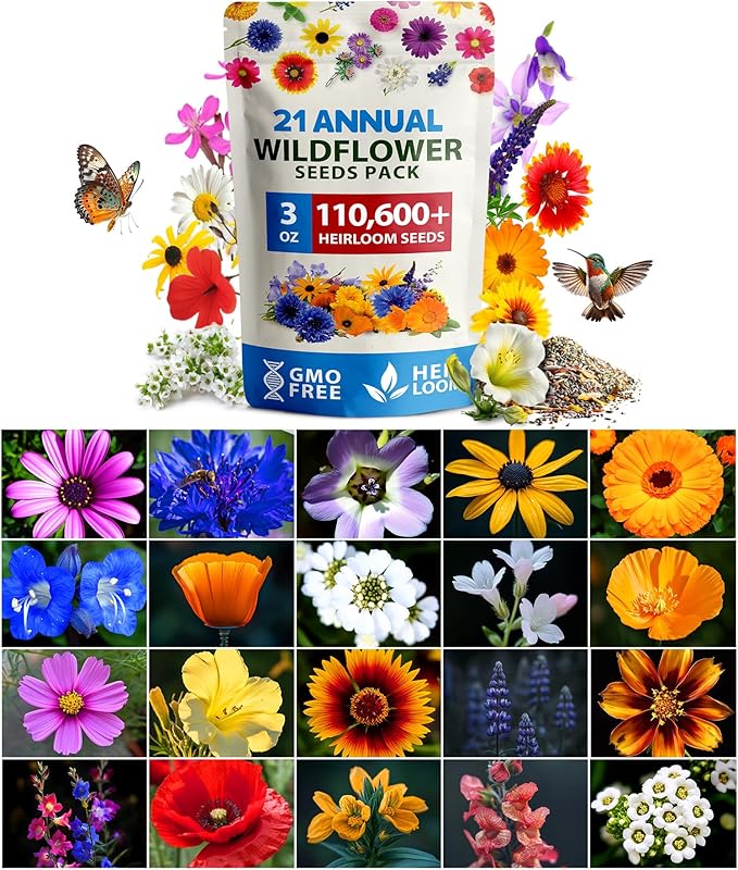 HOME GROWN Wildflower Seeds Mix - 110,600+ Seeds, 21 Varieties, Non-GMO Wild Flower Seeds for Planting, Annual Flowers, Butterfly Garden, Pollinator Seed Mix