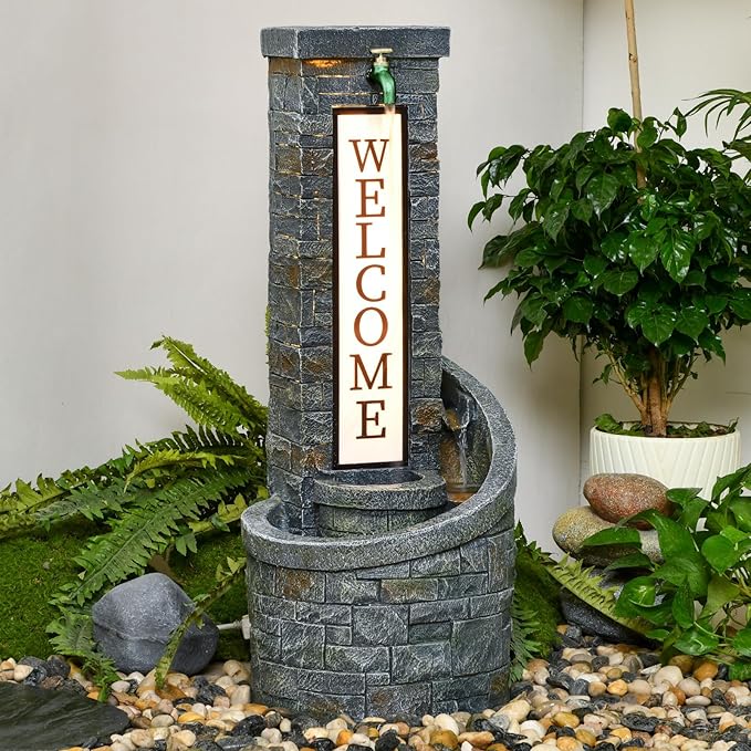 35.43 Inches Outdoor Water Fountain Welcome Garden Waterfall Indoor Modern Water Feature Freestanding Fountains with LED Lights and Pump for Patio Yard Pool Home Decor