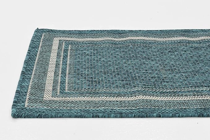 Unique Loom Outdoor Border Collection Area Rug - Soft Border (2'x 6' 1" Runner, Teal/ Ivory)