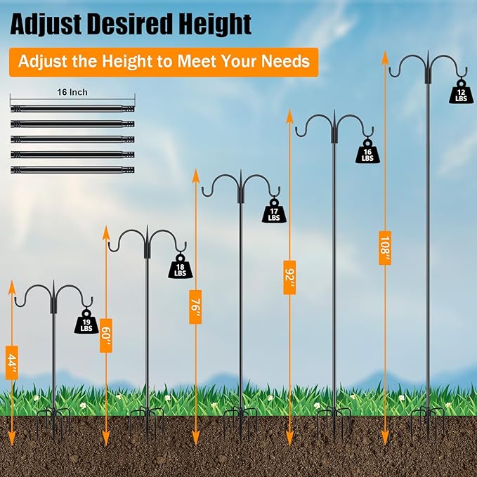 FEED GARDEN Adjustable Double Shepherds Hook for Outdoor with 5 Prong Base 108 Inch Heavy Duty Two Sided Bird Feeder Pole for Hanging Plant Baskets, Solar Light Lanterns, Wind Chimes 2 Pack