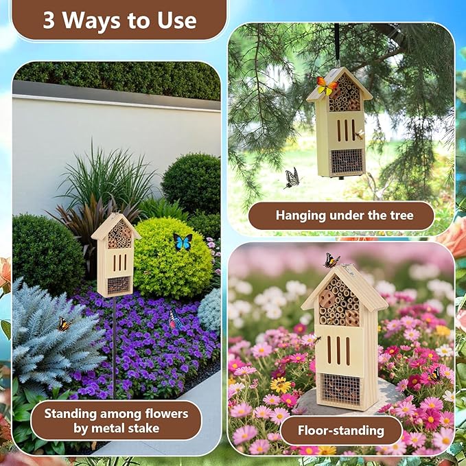 Wooden Insect House, Bee House with Metal Stake for Gardens, Insect Hotel & Butterfly Hotel on The Ground or Hanging on Tree Wall, Natural Insect Habitat for Bee, Butterfly, Ladybirds, Bugs