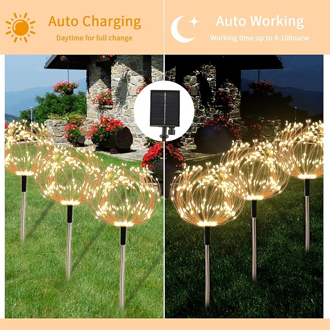 Solar Garden Lights Outdoor 4 Pack 480 LED Firework Landscape Path Lights Solar Powered Starburst Lights Waterproof 8 Lighting Modes with Remote Control for Patio Christmas Party Yard Decorative