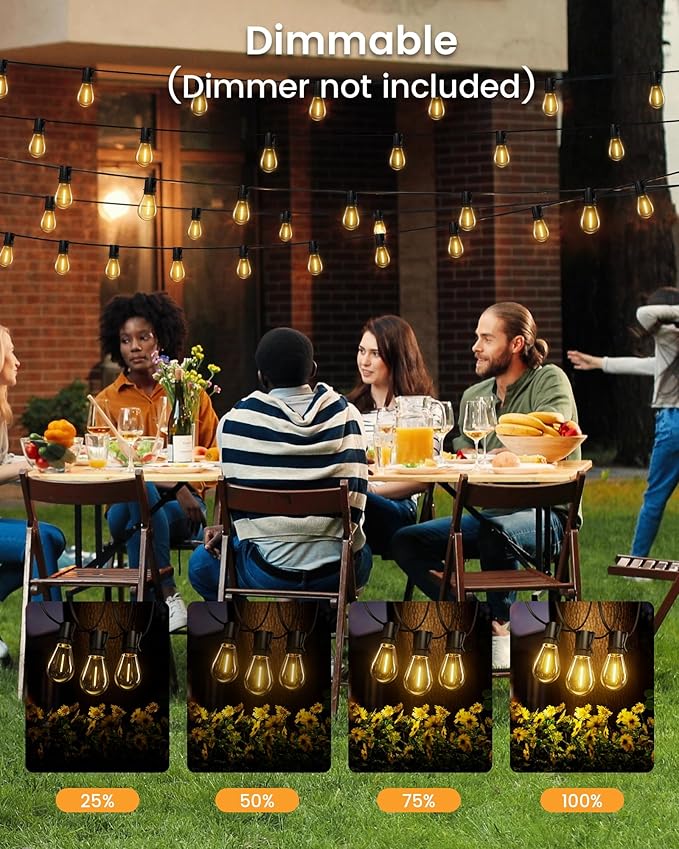 Solar Powered 150FT Outdoor String Lights 35+2 LED Bulbs Waterproof Shatterproof Remote Control Dimmable Extra Long Hanging Lights for Large Yard Deck Market Cafe Event Lighting