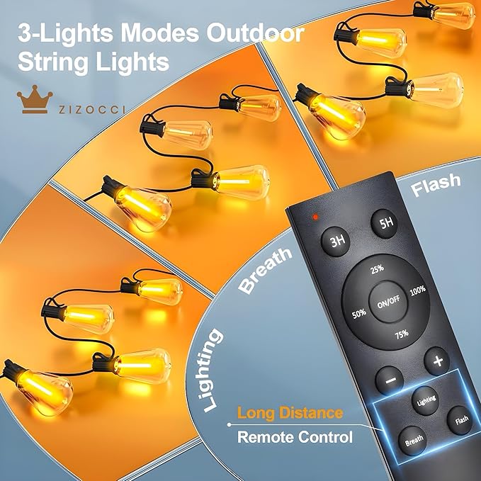 String Lights for Outside 100Ft 30M - Patio Lights Outdoor Lighting Waterproof Lights, Remote Dimmable ST38 Shatterproof Wedding Decorations, Birthday, Chrismas, Haloween, Balcony, Garden Party