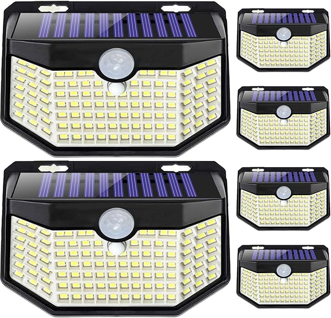 HMCITY 120 LED Outdoor Solar Lights with Motion Sensor and 3 Lighting Modes, IP65 Waterproof Wide Solar Wall Lights Ideal for Garden Patio Yard (Front Button 6Packs, Daylight White)