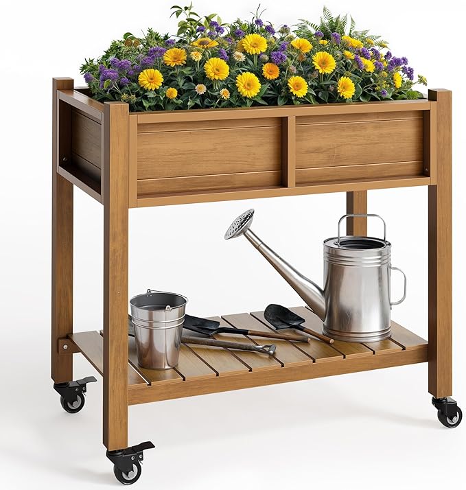 YITAHOME Raised Garden Bed, HIPS Poly Wood Elevated Planter Box with Shelf & Wheels for Mobility, Small Flower Box Stand for Patio Balcony Garden Backyard, Teak
