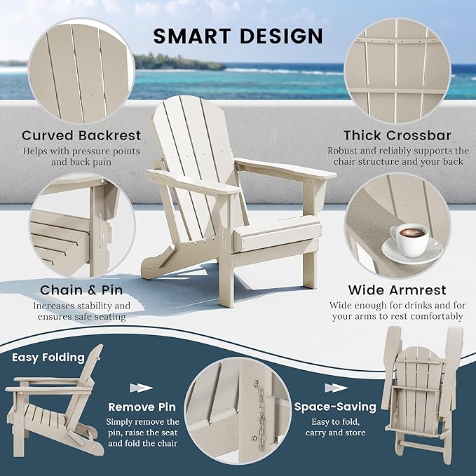 Westin Outdoors Laguna WO Home Furniture Adirondack Chair 2 PCS Set Outdoor Folding Patio Chair for Bon Fire Pit Garden Lawn Backyard Lounging Relaxing (Sand)