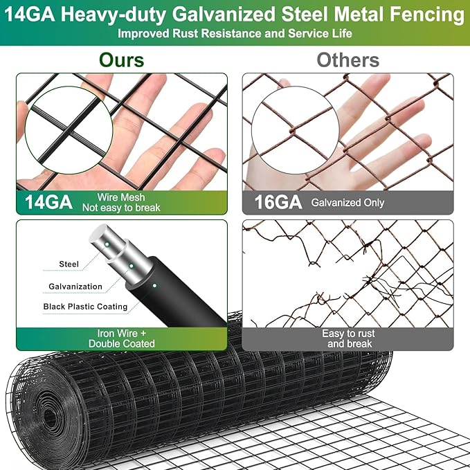 Black PVC Coated Welded Wire Fence 24 Inch x 49 Foot, 2.4" x 2.4" 14GA Garden Fence Roll Vinyl Coating Metal Wire Mesh Fence for Yard Vegetable Plant Protection Outdoor Dogs Poultry Netting