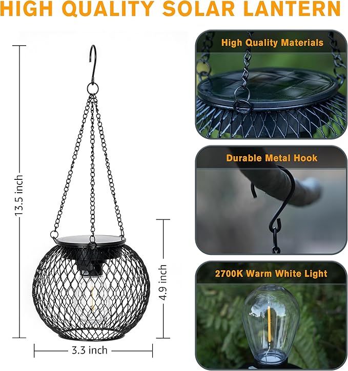 Solar Lanterns Outdoor, Brighter Metal Solar Hanging Lanterns, IP65 Waterproof Solar Lights Outdoor, Gardening Gifts & Decor for Garden Yard Patio Pathway