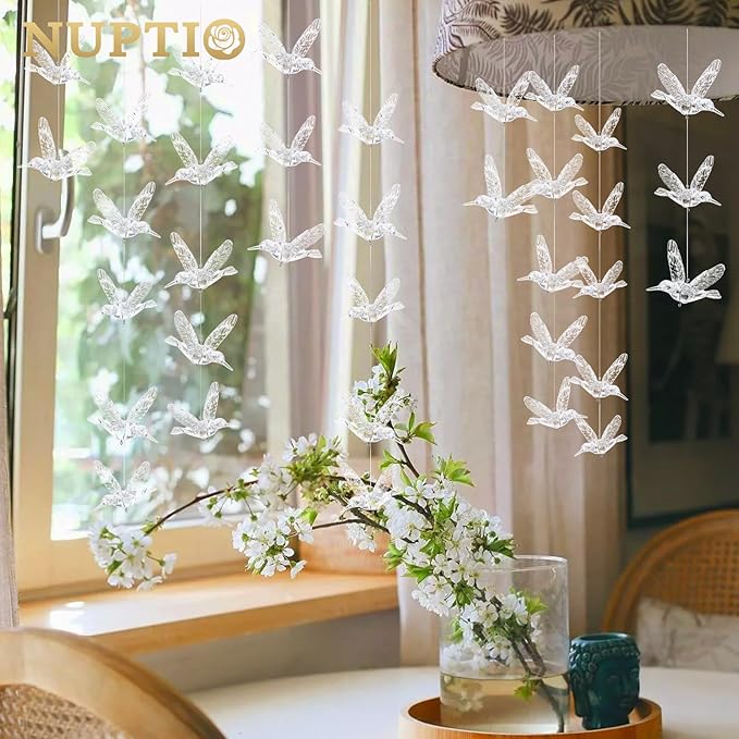 NUPTIO Crystal Ceiling Hanging Ornaments: 100 Pcs Acrylic Flying Birds for Wedding Party Window Garden Bedroom Outdoor Birthday - Christmas Tree Decorations with Transparent Line