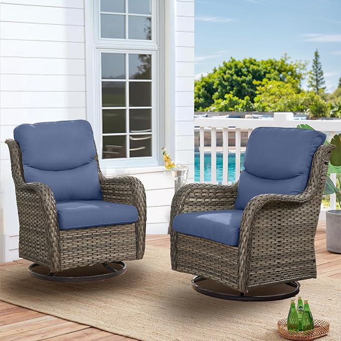HUMMUH High Back Outdoor Swivel Rocker Patio Chairs Set of 2 with 5-Inch Thick Cushions, All-Weather Wicker Patio Furniture for Porch,Poolside, Deck, and Yard (with Cover)