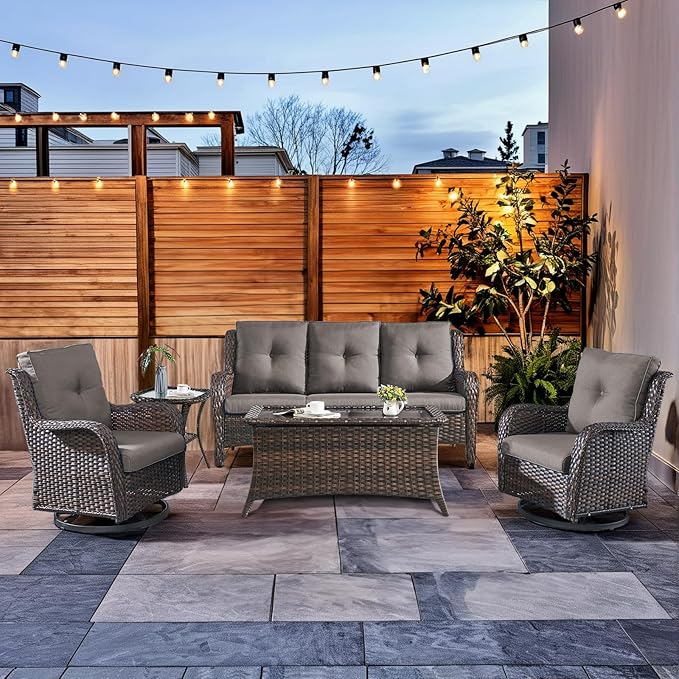 HUMMUH Wicker Patio Furniture Set with Outdoor Swivel Rocker Patio Chairs,High Back Outdoor Couch and Table 5 Pieces Outdoor Furniture for Porch Garden Deck