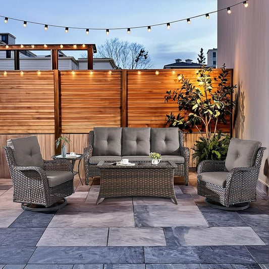 HUMMUH Wicker Patio Furniture Set with Outdoor Swivel Rocker Patio Chairs,High Back Outdoor Couch and Table 5 Pieces Outdoor Furniture for Porch Garden Deck