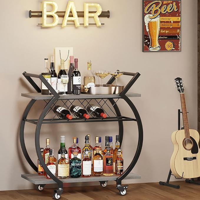 LVB Bar Cart with Wine Rack, 2 Tier Farmhouse Kitchen Cart on Wheels, Modern Wood and Metal Portable Coffee Cart Table for Home, Utility Industrial Mobile Serving Cart with Storage Shelf, Grey Oak