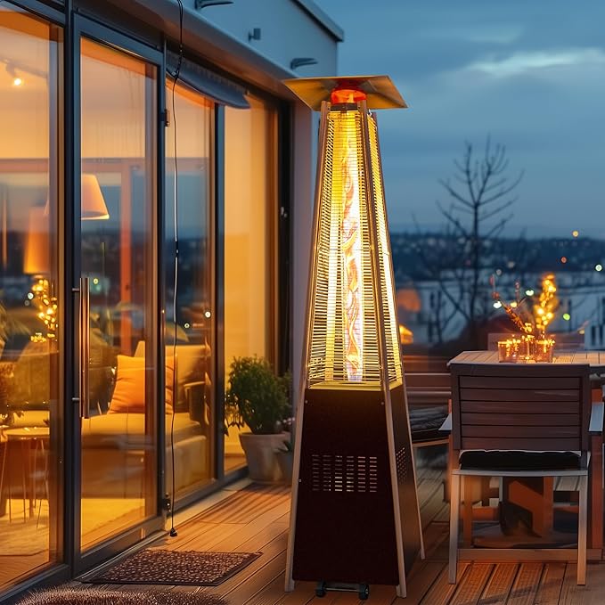 48,000 BTU Flame Pyramid Pool Heater, Triple Safety Protection Portable Patio Heater with Patio Cover, Warm Glass Tube with Durable Wheels-Brown