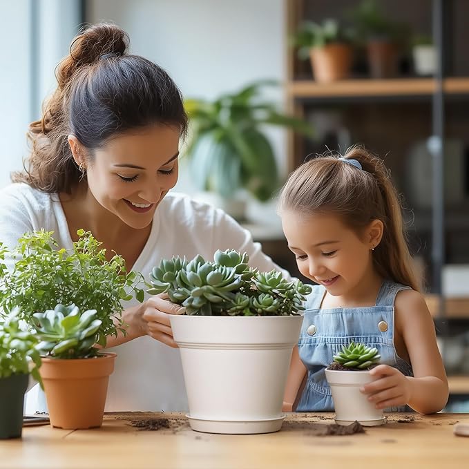 T4U 7.5 Inch Plant Pots 6 Pcs, Flower Pots for Plants, Plastic Planter Pots for Indoor Plants with Drainage Holes and Saucer (6 Pcs, 7.5", White)