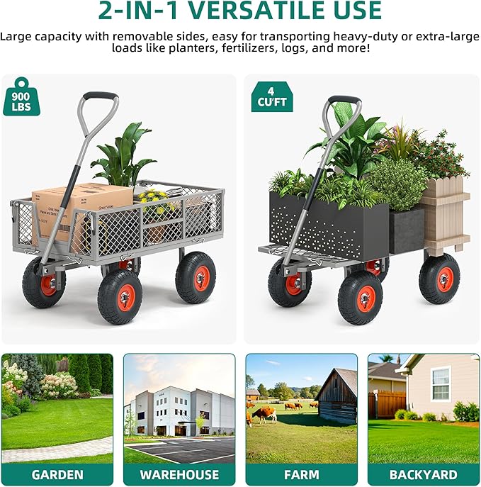 Heavy Duty 900 lbs Capacity Mesh Steel Garden Cart - 10" Pneumatic Tires, 180° Rotating Handle, Removable Sides, 4 CU'FT Utility Wagon for Yard & Garden