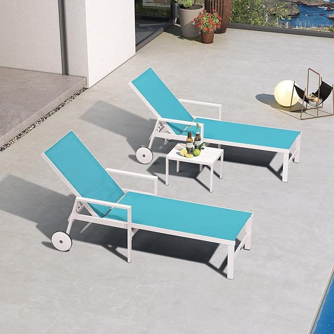 PURPLE LEAF Outdoor Lounge Chairs Set of 4 White Aluminum Chaise Lounge Chair Outdoor with Wheels and Armrest for Patio Deck Pool Side Table Include, Turquoise