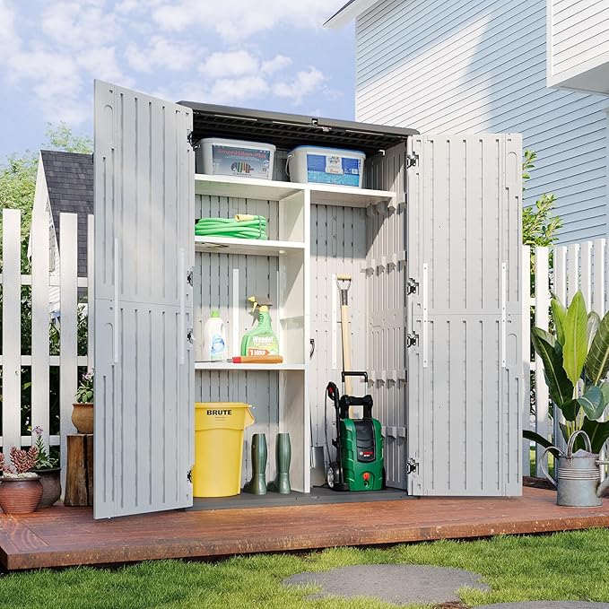 Aoxun Outdoor Resin Storage Shed with Metal Shelving Kit & Floor, 64 Cu.Ft Vertical Waterproof Storage Cabinet for Garage, Pool, Bike, Garden Tools, Patio Furniture (White)
