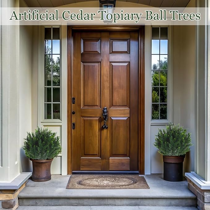 Yunlly 4 Pcs Artificial Cedar Topiary Ball Fake Tree 18" Bush Front Porch Decor Artificial Shrubs for Outdoors Faux Cypress with Ground Spike, Evergreen Plants for Indoor Garden Patio, UV Resistance