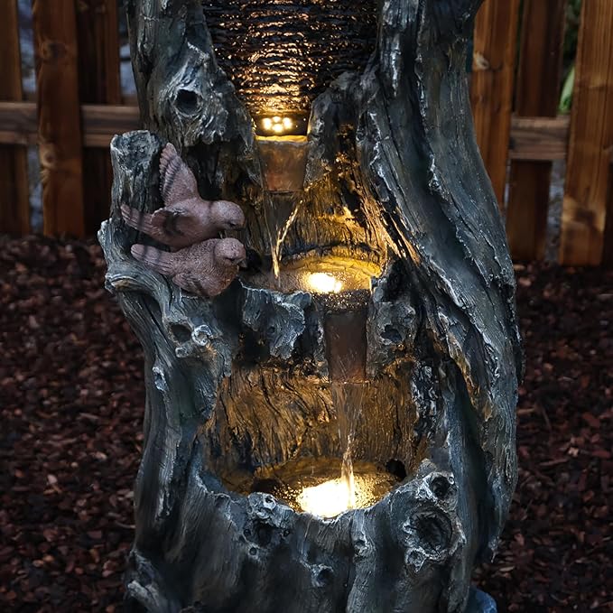 YZM 50.79" H Outdoor Rainforest Waterfall Tree Trunk Fountain with Bald Eagle Outdoor Cascading Water Feature for Garden Patio Backyard Landscape Décor 3-Tier Water Fountains