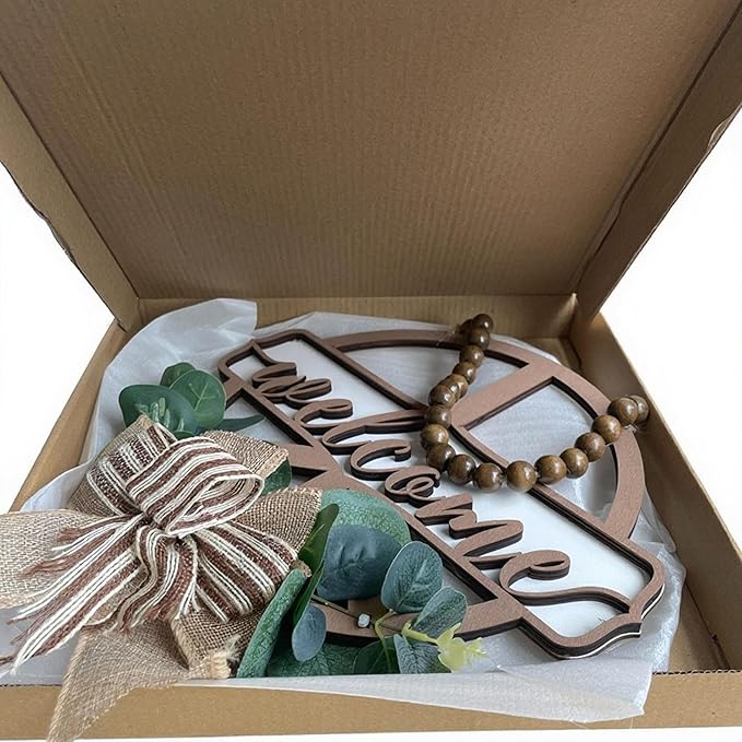 interchangeable 3D Welcome Sign for Front Door |Home/Farmhouse Porch Décor Wooden Hanging Sign with Artificial Leaves and Rustic Beads | Christmas Classroom |12" Round