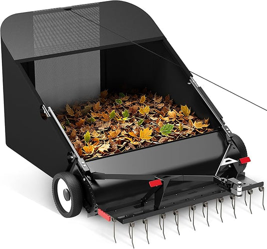 Suchtale 42" Tow Behind Lawn Sweeper with Dethatcher – 21 Cu. Ft. Leaf Collector with Adjustable Sweeping Height, Large Hamper Windscreen for Lawn, Yard, & Artificial Grass, Tractor/Mower Attachments