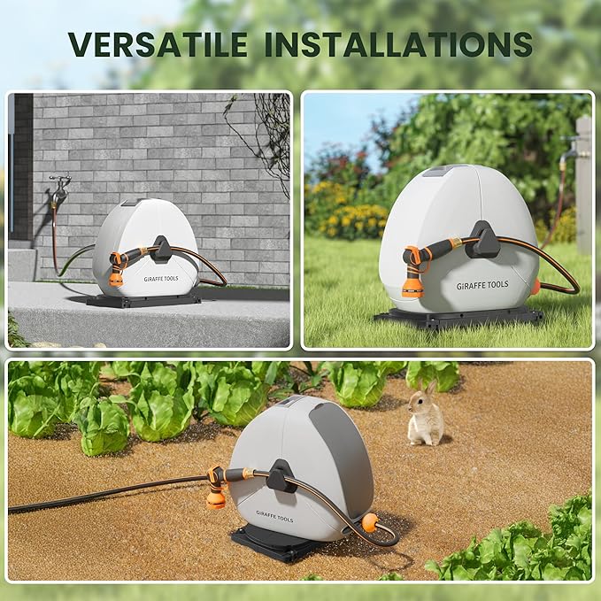 Giraffe Tools Ground Mounted Retractable Hose Reel 1/2 Inch x 130FT, Heavy Duty Automatic Rewind Garden Hose Reel, with Flexible Swivel Base for Lawn, Concrete Floor