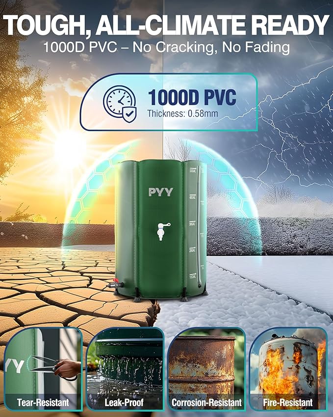 PYY Rain Water Collection Barrel - 53 Gallon Green Water Storage Tank with Spigots, Hose and Portable Bucket, Large Plastic Collapsible Rain Catcher Catchment System to Collect Rainwater from Gutter