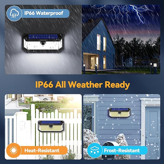 TECKNET 4200Lm 416 LED Solar Lights Outdoor Waterproof, 300° Angle & 3 Lighting Modes Motion Sensor Outdoor Lights, 2 Pack Security Solar Light IP66 for Fence Front Door Yard - 1 Pack