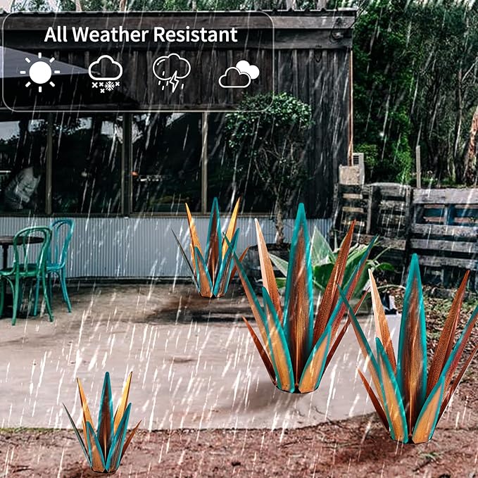 Large Tequila Rustic Sculpture, Rustic Metal Agave Plants for Outdoor Patio Yard, Home Decor Hand Painted Metal Agave Garden Yard Statue, Outdoor Lawn Ornaments Yard Stakes (Blue - M)