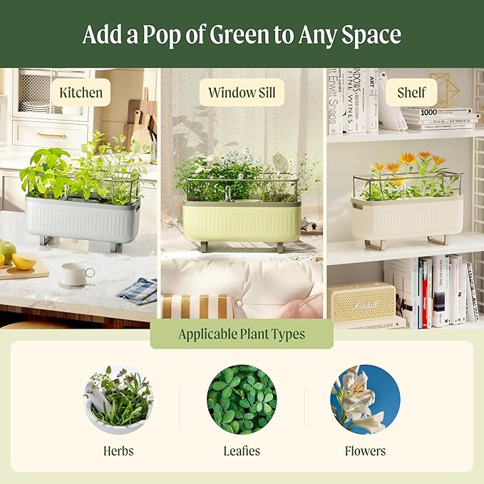 Vego Garden 2 Pack Herb Indoor Plant Box, Self Watering Planters Pots with Trellis for Kitchen Window Sill or Countertop Plants Cage - Sage Green